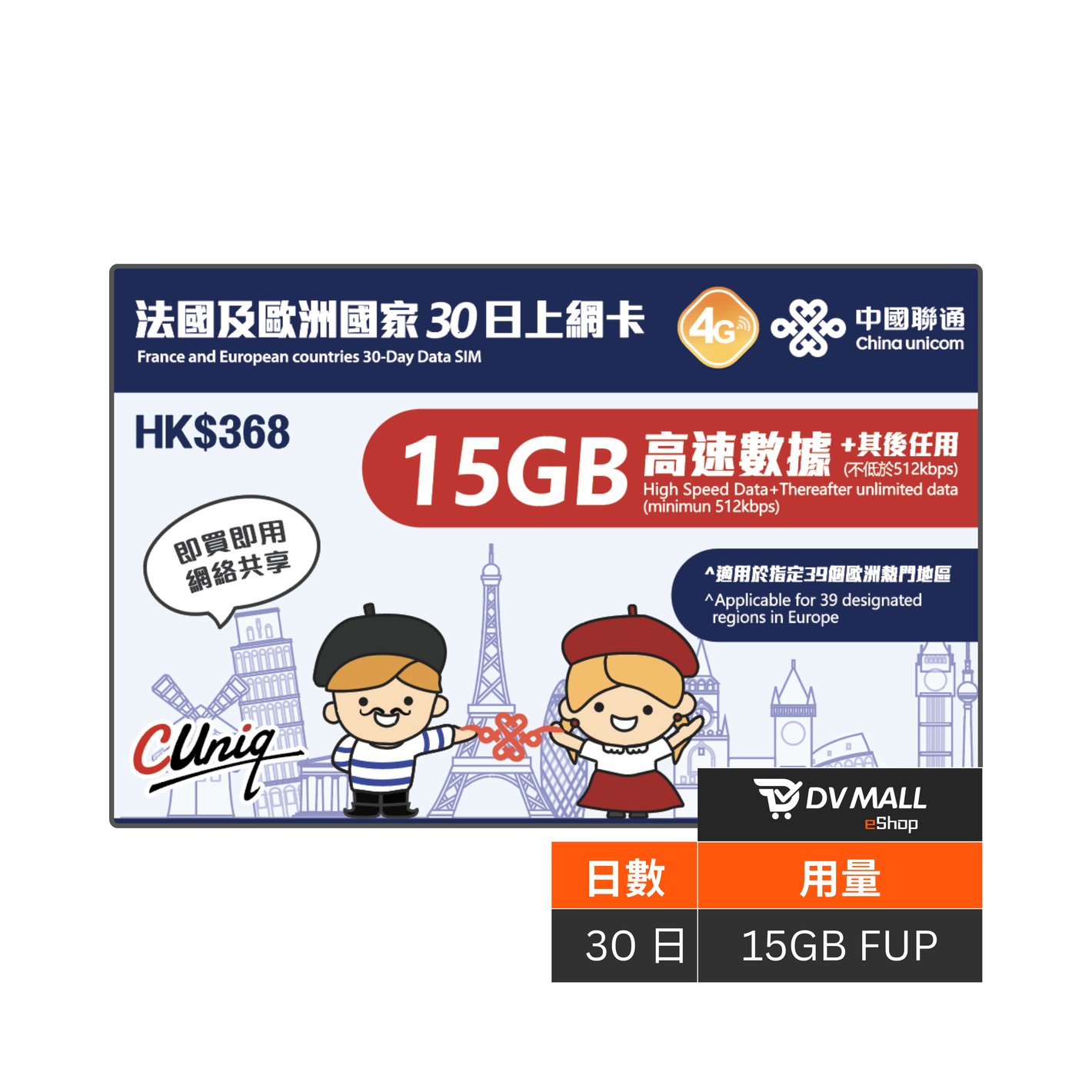 中國聯通 4G 歐洲 | 30日15GB FUP 上網卡