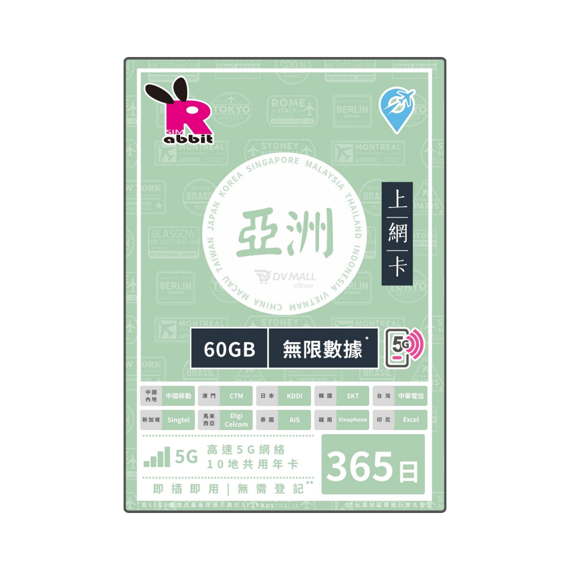 Rabbit SIM 5G 亞洲10地 365日無限數據年卡 Rabbit SIM
