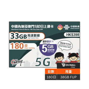 中國聯通 5G 內地及澳門 | 180日38GB 上網卡 | 中國聯通 | 免翻牆 | 即插即用