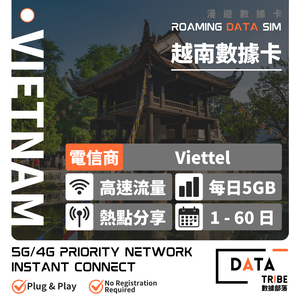 DATA TRIBE 數據部落 5G/4G 越南 | 每日 5GB 高速流量 | 越南優質網絡 Viettel | 多日數數據卡