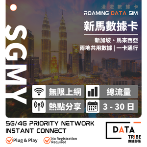DATA TRIBE 數據部落 5G/4G 新馬 | 總流量 + 無限數據 | 雙優質網絡通行 | 多日數無限數據卡