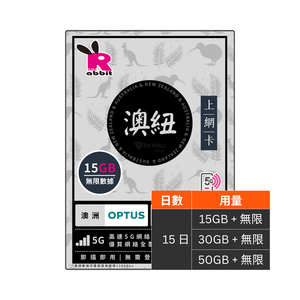 Rabbit SIM 5G 澳紐【15/30/50GB】15日數據卡 @澳洲+紐西蘭