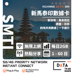 DATA TRIBE 數據部落 5G/4G 新馬泰印 | FUP 每日2GB + 無限數據 | 優質網絡一卡通行 | 多日數無限數據卡
