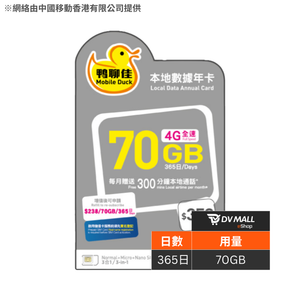 鴨聊佳 4G 香港 | 365日70GB + 3600分鐘通話可充值儲值卡 | 中國移動網絡支援