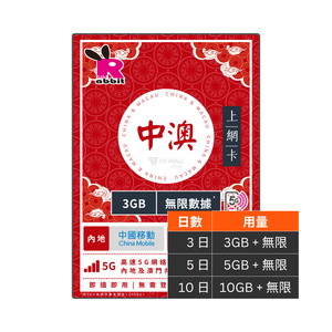 Rabbit SIM 5G 中澳 極速無限數據卡 #中國移動+CTM