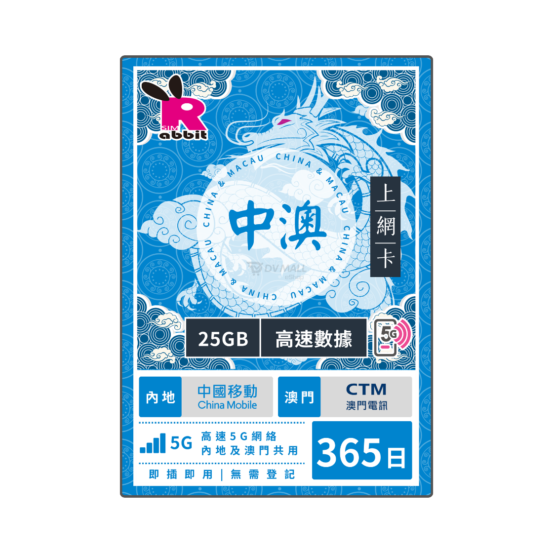 Rabbit SIM 5G 中澳 365日25GB 極速數據年卡 #移動/聯通 (自選網絡) Rabbit SIM