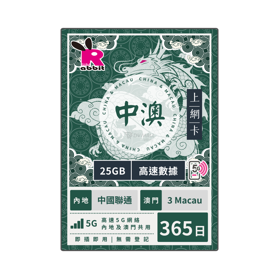 Rabbit SIM 5G 中澳 365日25GB 極速數據年卡 #移動/聯通 (自選網絡) Rabbit SIM
