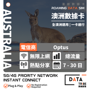 DATA TRIBE 數據部落 5G/4G 澳洲 Optus | 總流量 + 無限數據 | 優質網絡全澳通行 | 多日數無限數據卡
