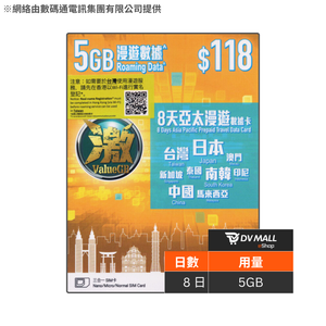 ValueGB 激 4.5G 亞太多國地區 | 8日5GB 數據卡 | SmarTone | 網絡穩定