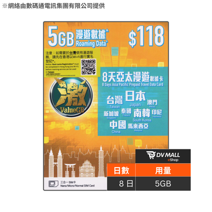 ValueGB 激 4.5G 亞太多國地區 | 8日5GB 數據卡 | SmarTone | 網絡穩定