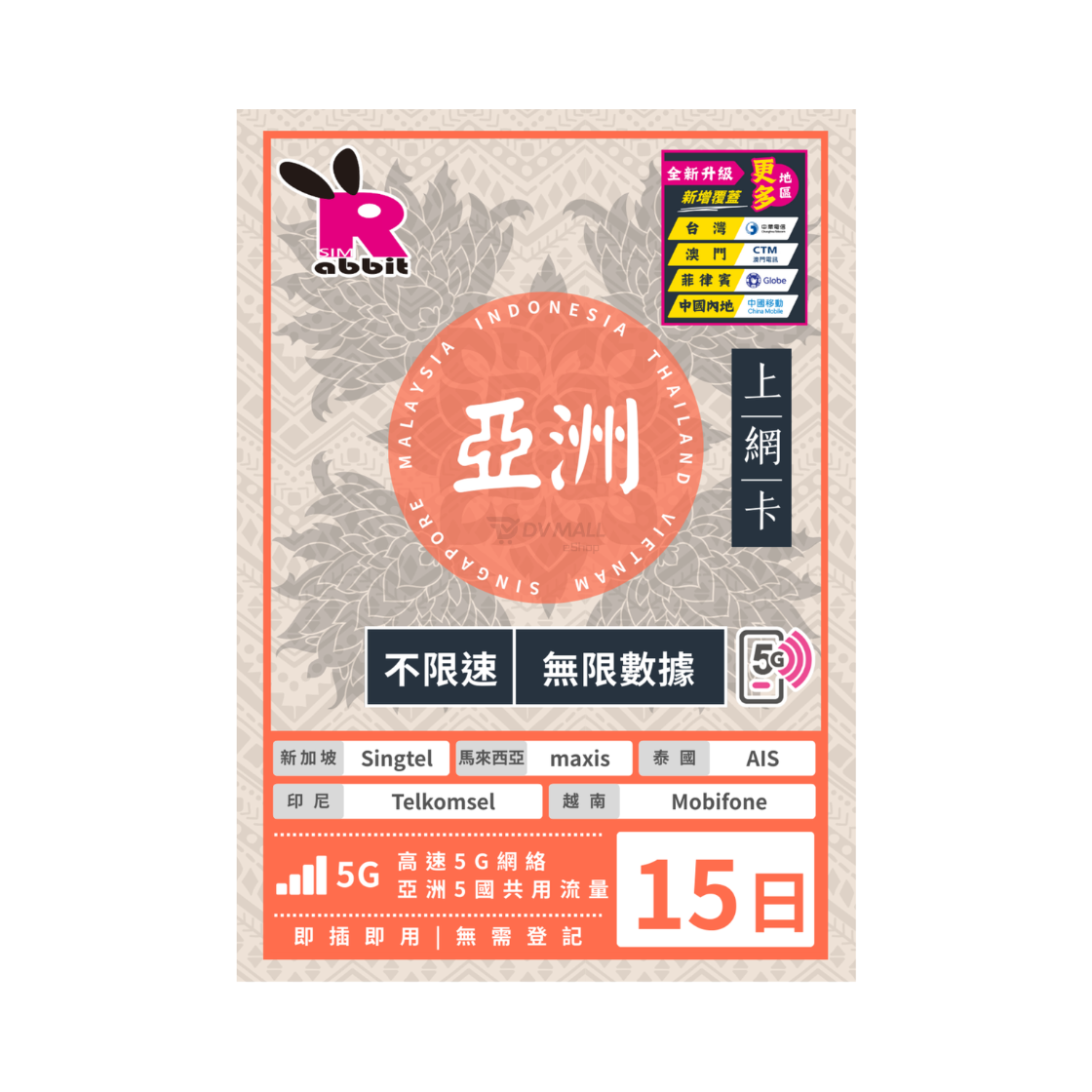 Rabbit SIM 5G 亞洲5國【不限速】數據卡 @新馬泰印越 Rabbit SIM