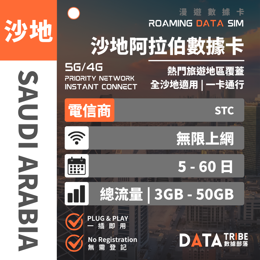 DATA TRIBE 數據部落 5G/4G 沙地阿拉伯 | 總流量 |  熱門旅遊地區全覆蓋 | 沙地阿拉伯無限數據卡 DATA TRIBE 數據部落