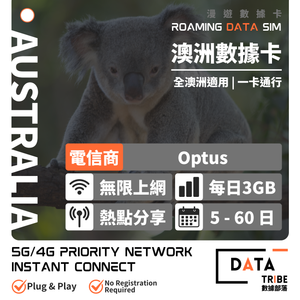 DATA TRIBE 數據部落 5G/4G 澳洲 Optus | FUP 每日3GB + 無限數據 | 優質網絡全澳通行 | 多日數無限數據卡