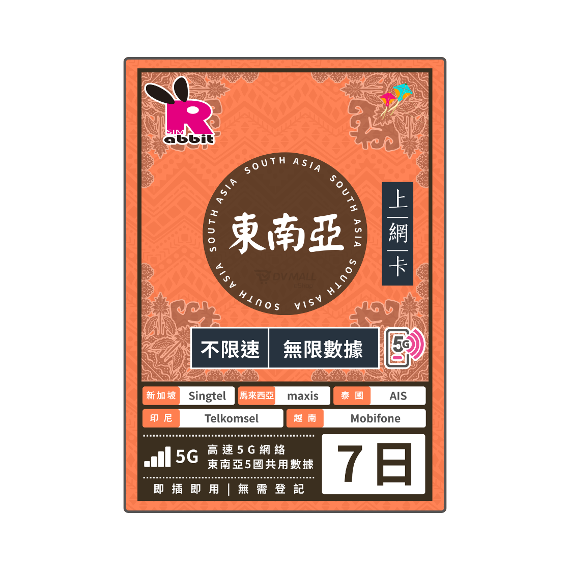 Rabbit SIM 5G 亞洲5國【不限速】數據卡 @全新升級9地區 (副本) Rabbit SIM