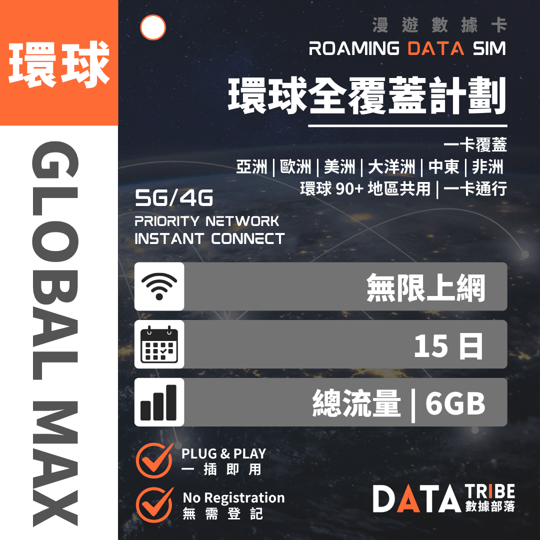DATA TRIBE 數據部落 5G/4G 環球全覆蓋計劃 | 15日 6GB FUP 無限數據 | 一卡覆蓋 亞洲 | 歐洲 | 美洲 | 大洋洲 | 中東 | 非洲 | 環球 90+ 地區共用 DATA TRIBE 數據部落