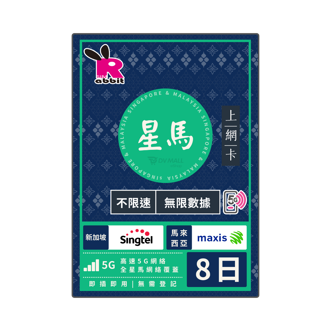 新加坡+馬來西亞【不限速】數據卡 Rabbit SIM
