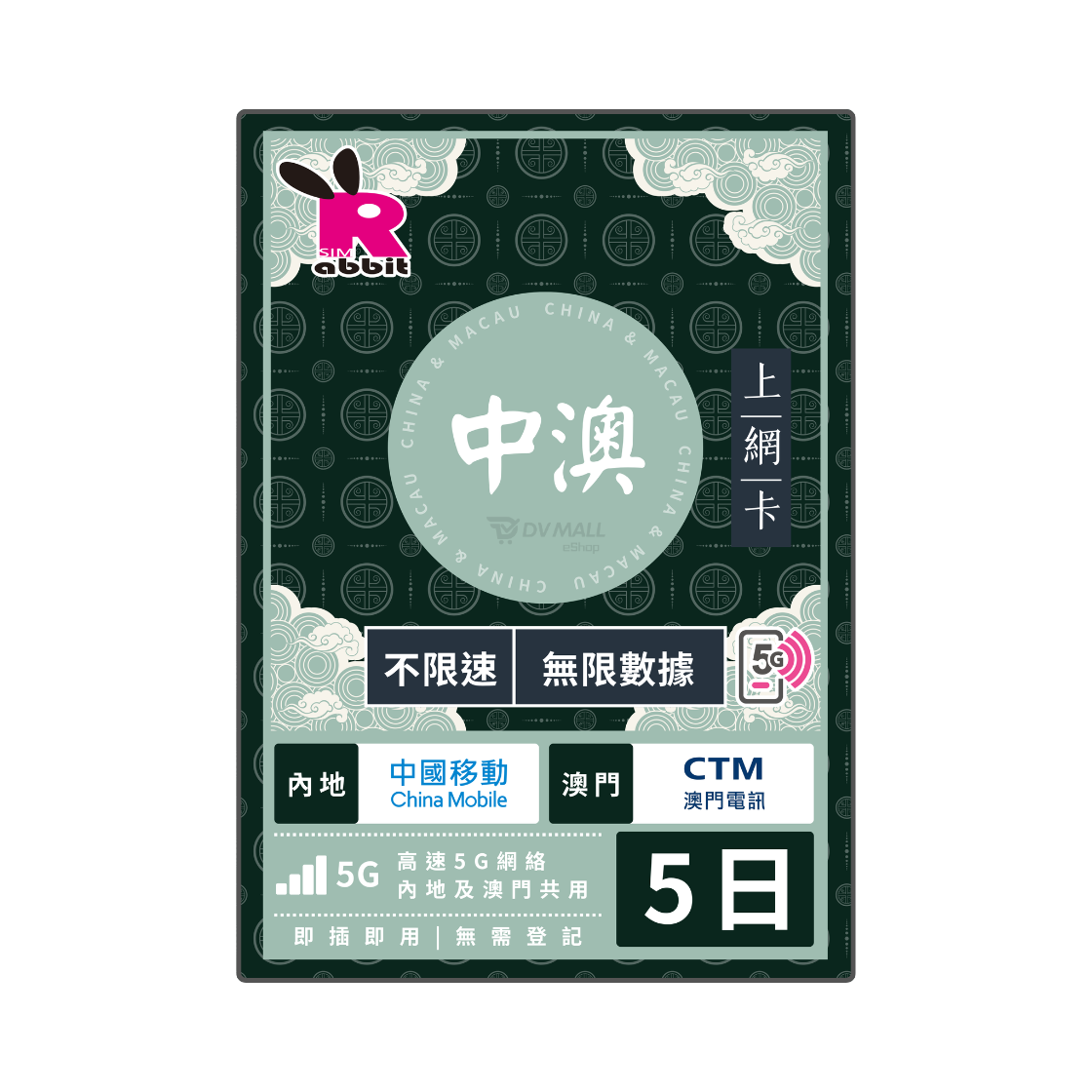 中澳 5G【不限速】數據卡 #中國移動+CTM Rabbit SIM