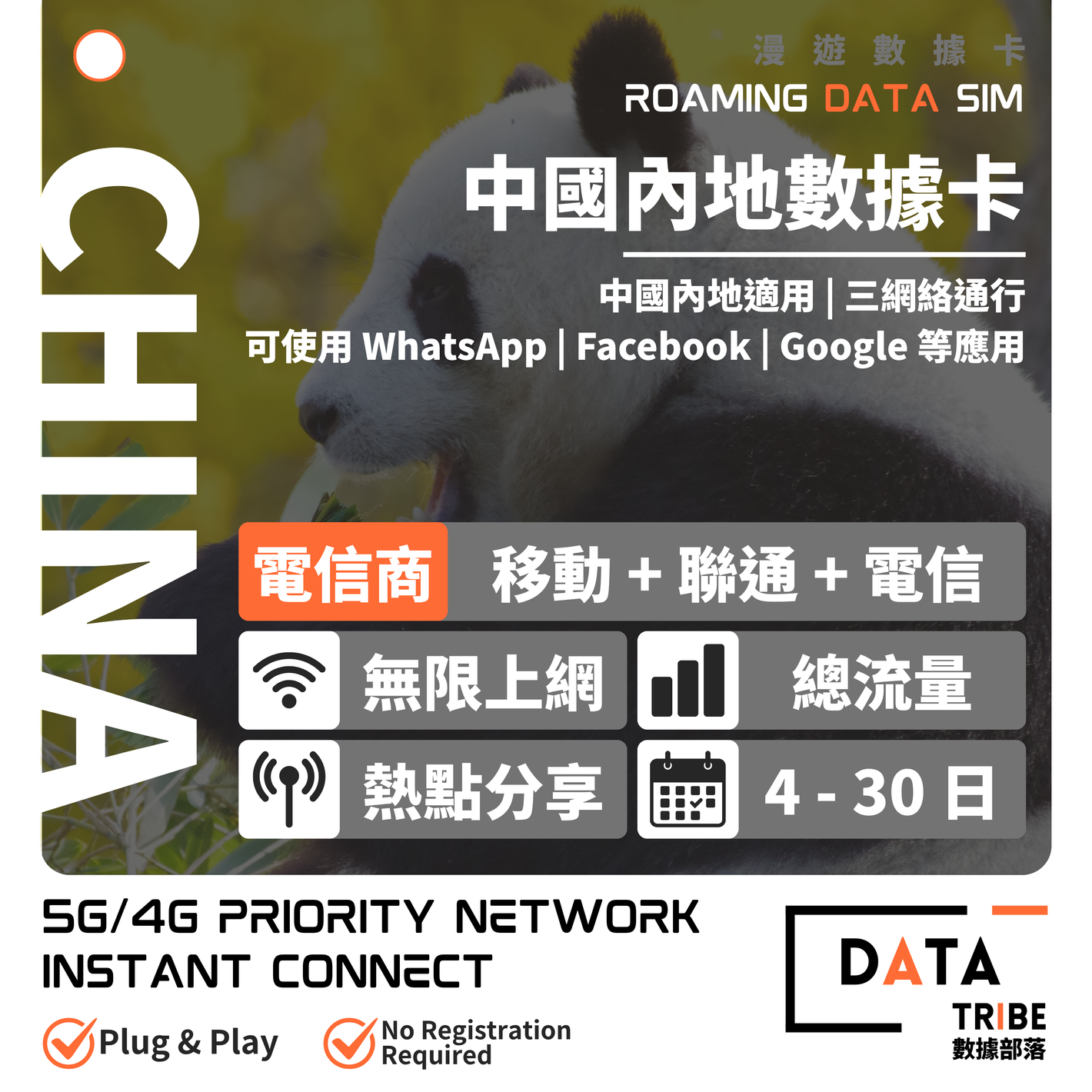 DATA TRIBE 數據部落 5G/4G 中國內地 | 總流量 + 無限數據 | 三網絡通行 | 多日數無限數據卡