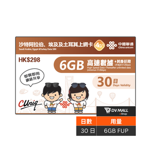 中國聯通 4G 沙特阿拉伯、埃及及土耳其 | 30日6GB FUP 上網卡