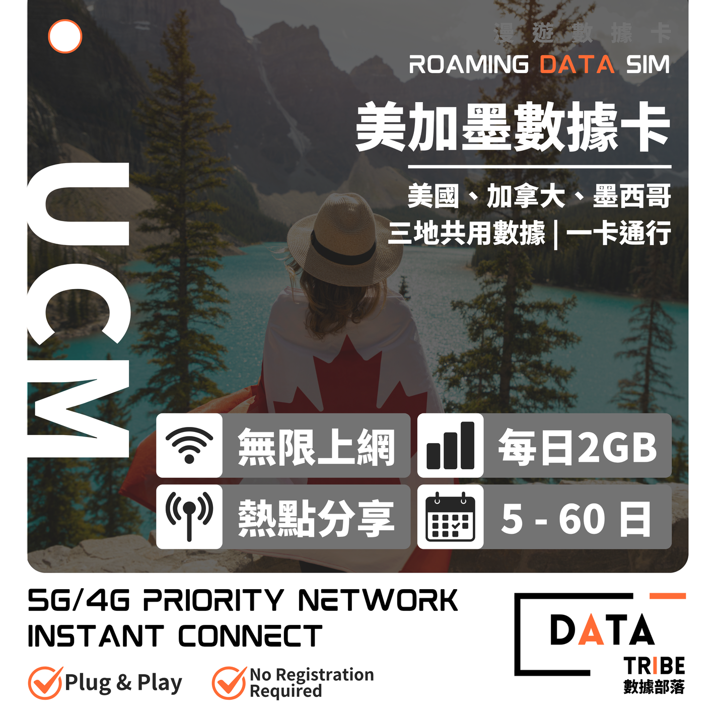 DATA TRIBE 數據部落 5G/4G 美加墨 | FUP 每日2GB + 無限數據 | 北美優質網絡三地通行 | 多日數無限數據卡