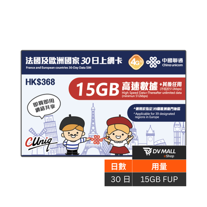 中國聯通 4G 歐洲 | 30日15GB FUP 上網卡