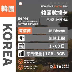 DATA TRIBE 數據部落 5G/4G 韓國 | 每日流量 | 韓國 No.1 SK Telecom | 韓國無限數據卡 DATA TRIBE 數據部落