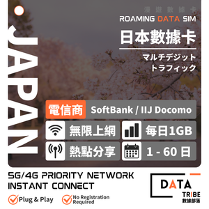 DATA TRIBE 數據部落 5G/4G 日本 | FUP 每日1GB + 無限數據 | 可選優質網絡 SoftBank / Docomo | 多日數無限數據卡