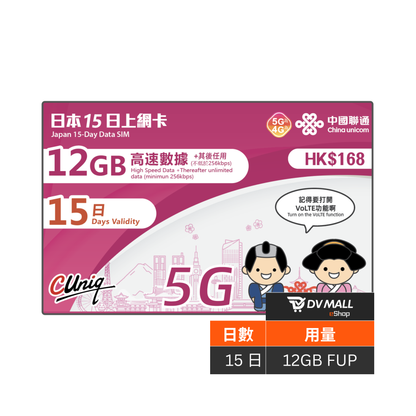 中國聯通 5G/4G 日本 | 15日12GB FUP 無限數據卡