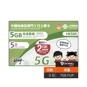 China Unicom 5G Mainland and Macau | 5-day 5GB FUP SIM card | China Unicom | No need to go over the firewall | Plug and play | Free data during the promotion