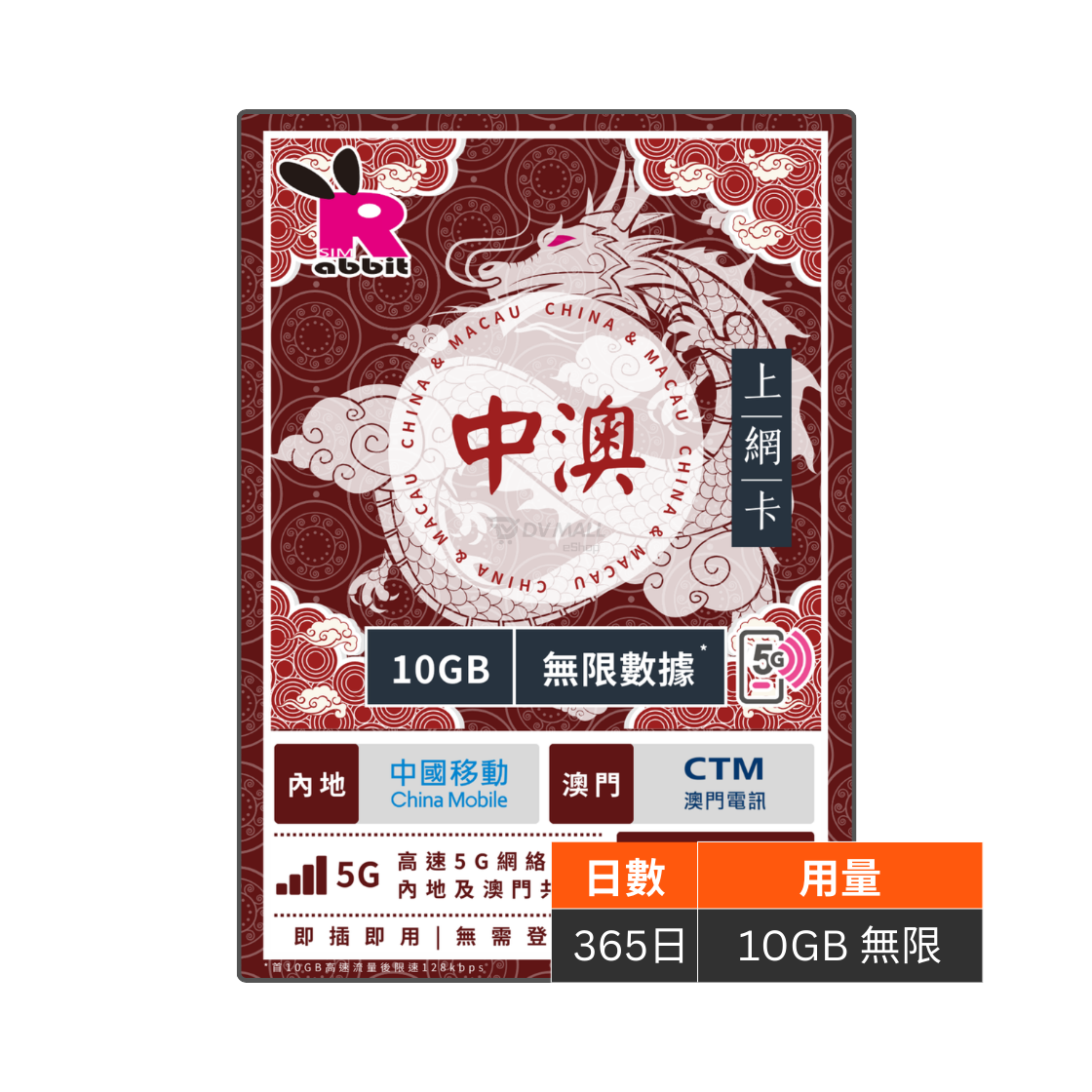 Rabbit SIM 5G 中澳 365日10GB FUP 極速無限數據年卡 #中國移動+CTM Rabbit SIM